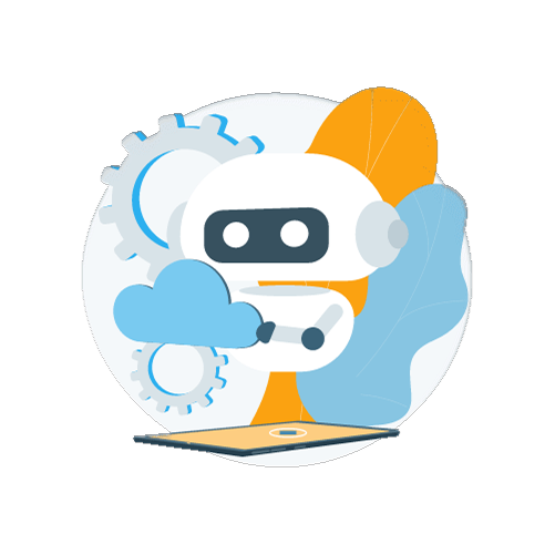 An illustration of a white AI bot surrounded by a cloud, gears, and leaves, with a tablet below.